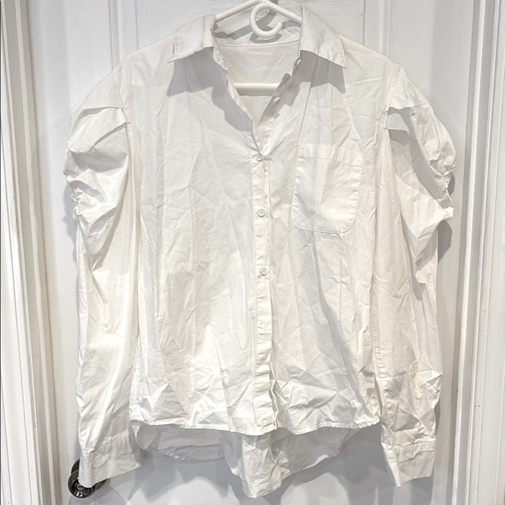 Puffed sleeves stylish oversized White Women's Button Down Shirt